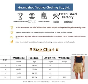 Detailed size chart for golden sequin tassel mini skirt showing S to XL dimensions in cm