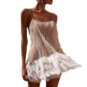 Sparkly champagne sequin mini dress with white feather trim and thin straps for parties
