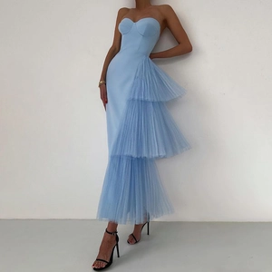 Detail view of light blue sweetheart neckline evening dress with layered mesh pleats