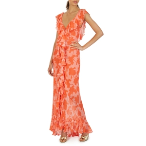 Women's V-Neck Sleeveless Ruffle Maxi Dress Irregular Slit Chiffon Floral Print Slim Fit Party Evening Long Dress