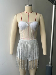 Detailed view of white mesh bodysuit with sparkling sequins and silver fringe tassels
