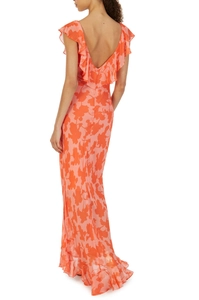 Close-up of pink floral chiffon maxi dress with backless V-neck and ruffled edge details
