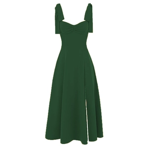 Detail view of dark green A-line dress with heart neckline and side slit
