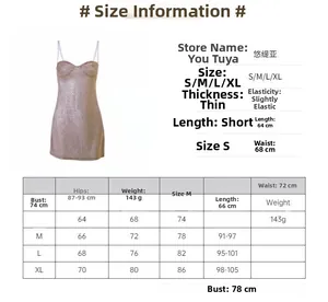 Size chart for sparkly bodycon mini dress showing measurements for S, M, L, and XL sizes