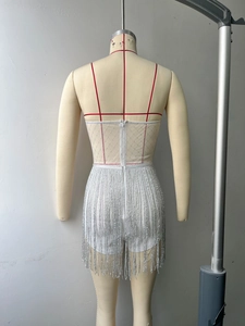 Detail of silver fringe and sheer mesh fabric with diamond pattern on dress