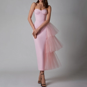 Elegant pink off-shoulder slim evening gown with layered mesh slit and corset style bodice