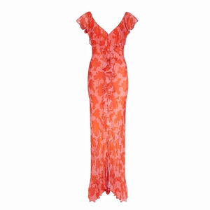 Floral chiffon V-neck maxi dress with ruffles and split hem in red and pink hues