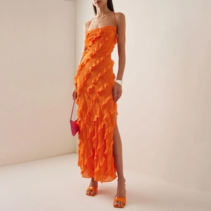 Robe Longue Sexy Femme Volants Fente Latérale Dos Nu Mousseline Robe de Soirée Banquet d'Été à Bretelles Spaghetti