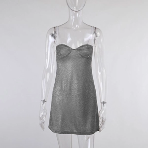 Detail of silver sequined bodycon mini dress featuring thin straps and heart-shaped neckline
