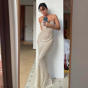 Elegant champagne gold sequin backless floor-length evening dress with slim fit mermaid cut