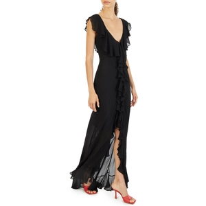 Elegant black deep V-neck sleeveless chiffon maxi dress with ruffles and a side slit
