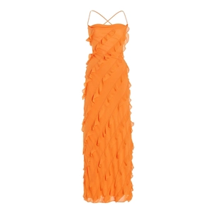 Robe longue élégante orange à volants avec fines bretelles pour l'été et soirées
