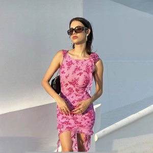 Vestito Mini Bodycon da Donna Sexy Senza Schienale con Fiore 3D Increspato in Chiffon Floreale Senza Maniche con Volant e Nastro per Feste