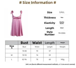 Size guide for pink satin lace-up mini dress showing bust, waist, and length in cm