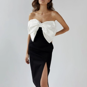 Elegant French Contrast Color Strapless Midi Dress With Large White Bow Side Slit Slim Fit Banquet Party Women Dress
