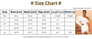 Size chart and measurement guide for off-shoulder white dress with feather hem detail
