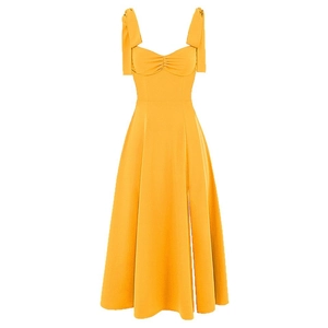 Elegant bright yellow french style backless midi dress with bow shoulder straps