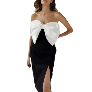 Elegant tube top slim dress with oversized white bow and high side slit evening gown