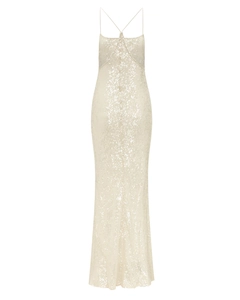 Detailed view of champagne sequin maxi dress with cross-back spaghetti straps and slim fit