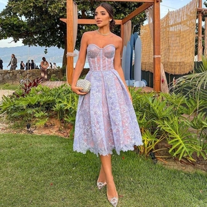 Women Elegant Floral Lace Corset Midi Dress Strapless Sleeveless A-Line Evening Party Dress Wedding Guest Vacation Gown