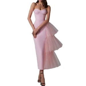 Elegant pink off-shoulder slim-fit midi dress with asymmetric tulle ruffles and slit