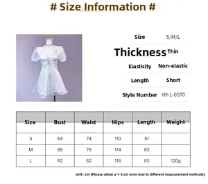 Size chart and dimensions for the white organza puff sleeve mini dress in S M L