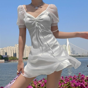 French Vintage White Mini Dress Women Puff Sleeve Heart Neck Drawstring Satin Look A-Line Princess Short Sleeve Summer Dress