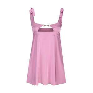 Detail of satin slip top with lace-up shoulder bows and metal buckle cutout in pink purple