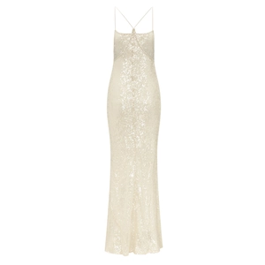 Elegant champagne sequined floor-length evening gown with thin straps and open back detail