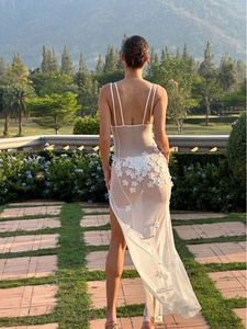 Detail of white sheer mesh dress featuring 3D floral appliques and open back design