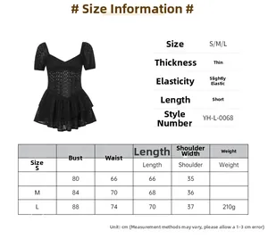 Detaillierte Größentabelle für das schwarze bestickte Minikleid mit Maßen für S, M und L