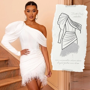 Women One Shoulder Feather Mini Dress Elegant Puffy Long Sleeve Ruched Corset Party Dress With Feather Hem Cocktail Event