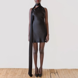 Black satin halter mini dress with long flowing ribbons and a sleek bodycon fit