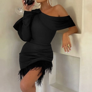 Elegant black one-shoulder mini dress featuring stylish feather trim and ruched details