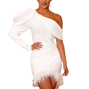 White one-shoulder mini dress with feather trim and long puffed sleeve for women