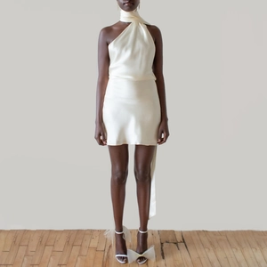 Elegant white satin halter mini dress with adjustable neck tie and pearly sheen