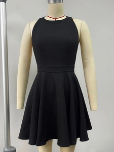 Detail of black backless dress showing sleeveless halter neckline and pleated skirt flare