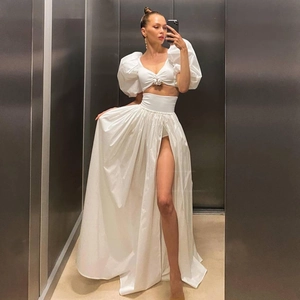 Women Elegant Top And Bottom Set Puff Sleeve V Neck Crop Top And High Waist High Slit Pleated Long Skirt Evening Party Dress