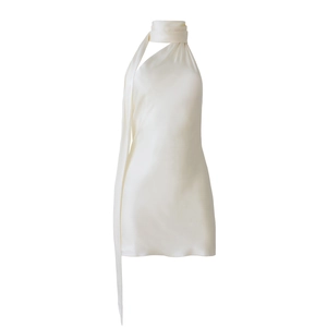 Elegant ivory satin halter neck mini dress with flowing long ties and sleek fit
