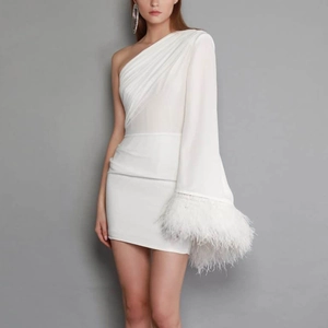 White one shoulder mini dress with feather sleeves and elegant ruched bodycon fit
