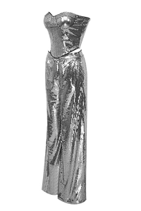 Detailed close-up of silver sequin tube top with structured corset-style boning detail