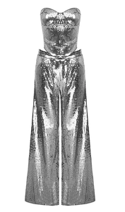 Detailed view of silver sequin two-piece set featuring corset top and wide leg pants