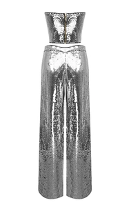 Close-up of sparkling silver sequin crop top and high-waisted wide-leg trousers