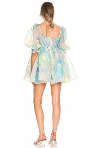 Close-up of the back detail on a floral puff sleeve dress with organza texture