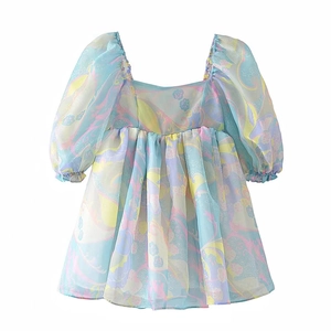 French vintage style girls floral puff sleeve dress in macaron pastel chiffon