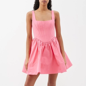 Damen Sexy Rosa Ärmelloses Korsett Minikleid Eckiger Ausschnitt Hohe Taille A-Linie Gefaltetes Babydoll Partykleid Mit Taschen