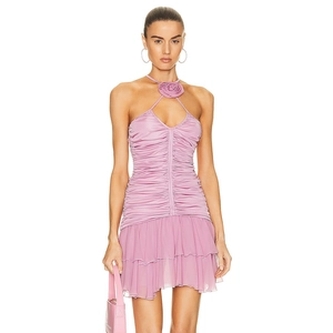 Pink ruched halter mini dress with 3D floral accent and layered ruffle hemline