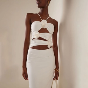 Sexy Halter Maxi Dress Women 3D Flower Cut Out Bodycon Sleeveless Backless Long Dress For Party Club Night Vacation