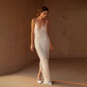 Women Sexy Backless Fringe Dress Deep V Neck Spaghetti Strap Long Maxi White Tassel Evening Party Gown French Style Slit