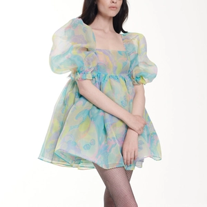 Women Vintage Organza Puff Sleeve Dress Sweet Macaron Floral Print Square Neck High Waist Layered Cake Mini Dress